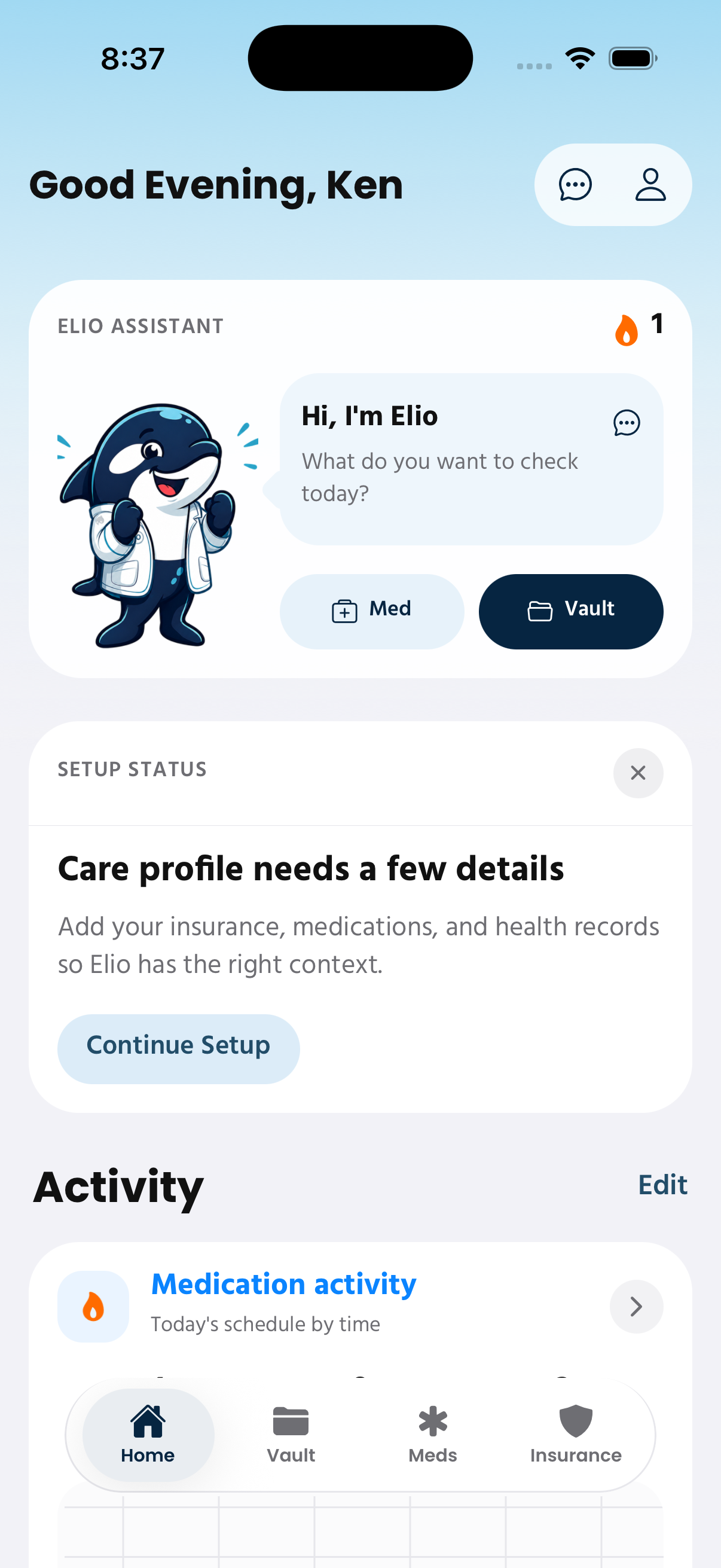 Elio home screen showing the health assistant and daily activity
